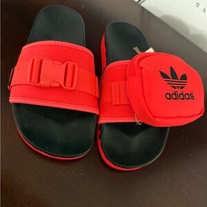 Adidas Black and Red Slide Sandals with Pouch